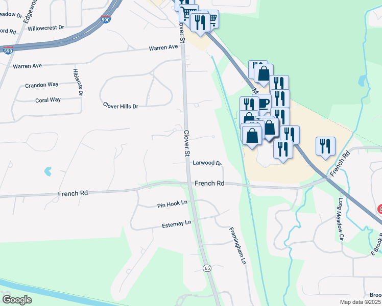map of restaurants, bars, coffee shops, grocery stores, and more near 2622 Clover Street in Rochester