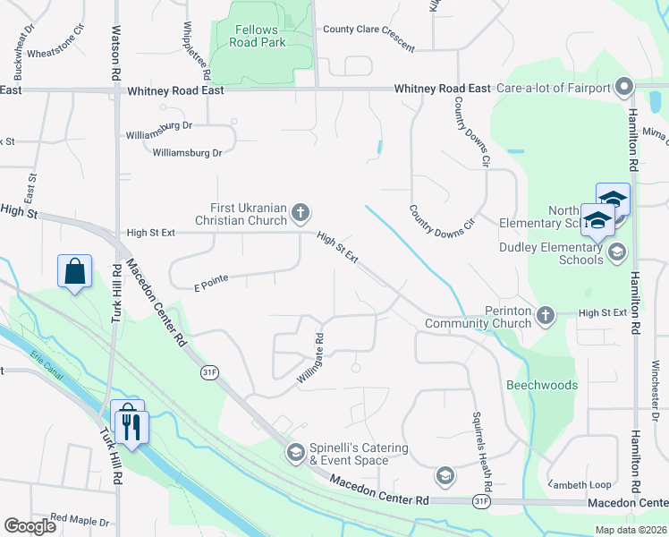 map of restaurants, bars, coffee shops, grocery stores, and more near 22 Hanningfield Circle in Fairport