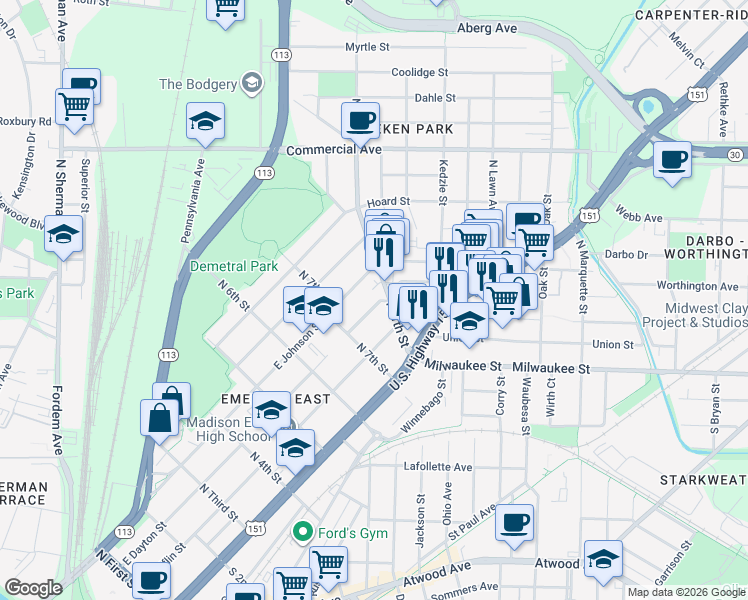 map of restaurants, bars, coffee shops, grocery stores, and more near 2546 East Dayton Street in Madison