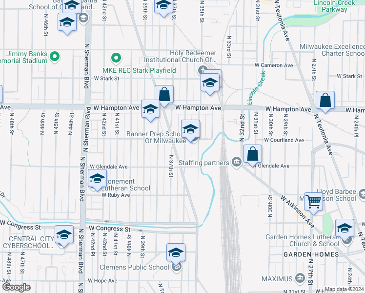 map of restaurants, bars, coffee shops, grocery stores, and more near 4661 North 36th Street in Milwaukee