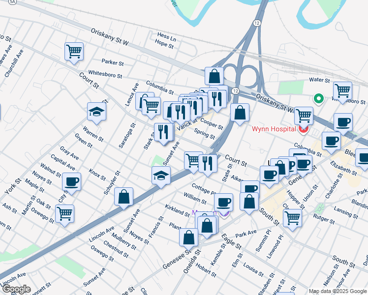 map of restaurants, bars, coffee shops, grocery stores, and more near 716 Court Street in Utica