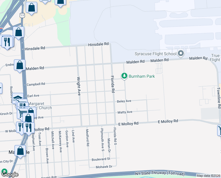 map of restaurants, bars, coffee shops, grocery stores, and more near 406 Florida Road in Syracuse