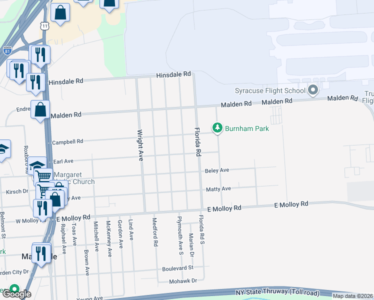 map of restaurants, bars, coffee shops, grocery stores, and more near 410 Boston Road in Syracuse