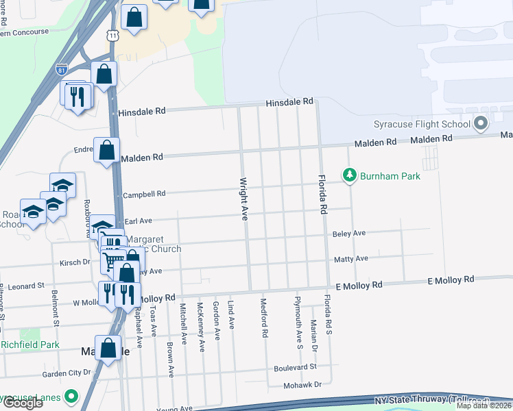 map of restaurants, bars, coffee shops, grocery stores, and more near 409 Breman Avenue in Mattydale