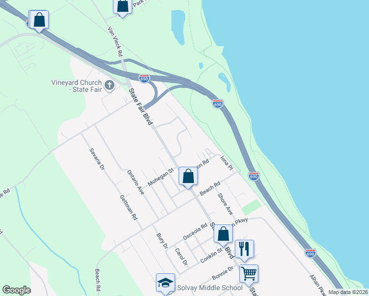 map of restaurants, bars, coffee shops, grocery stores, and more near 1044 State Fair Boulevard in Syracuse