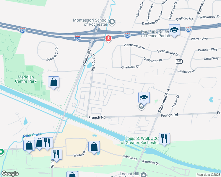 map of restaurants, bars, coffee shops, grocery stores, and more near 470 Eastbrooke Lane in Rochester