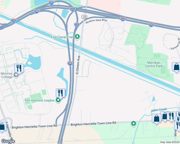 map of restaurants, bars, coffee shops, grocery stores, and more near 144 Brightwoods Lane in Rochester