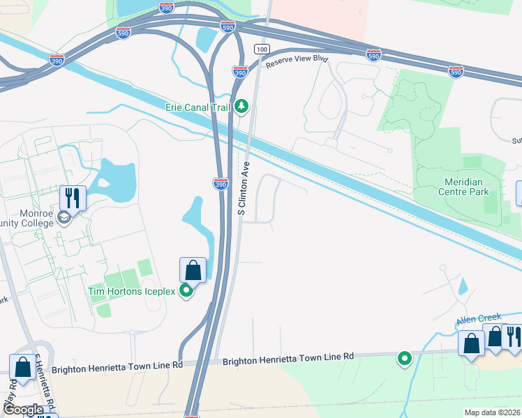 map of restaurants, bars, coffee shops, grocery stores, and more near 83 Woodsmeadow Lane in Rochester