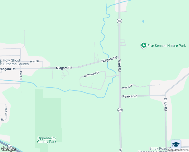 map of restaurants, bars, coffee shops, grocery stores, and more near 2777 Driftwood Drive in Niagara Falls