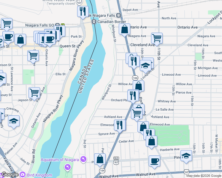 map of restaurants, bars, coffee shops, grocery stores, and more near 709 Willow Avenue in Niagara Falls