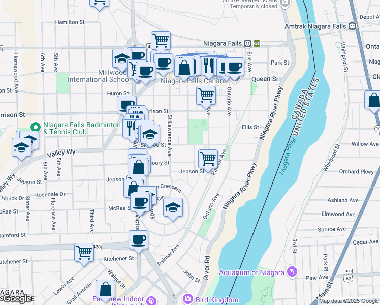 map of restaurants, bars, coffee shops, grocery stores, and more near 4962 Crysler Avenue in Niagara Falls