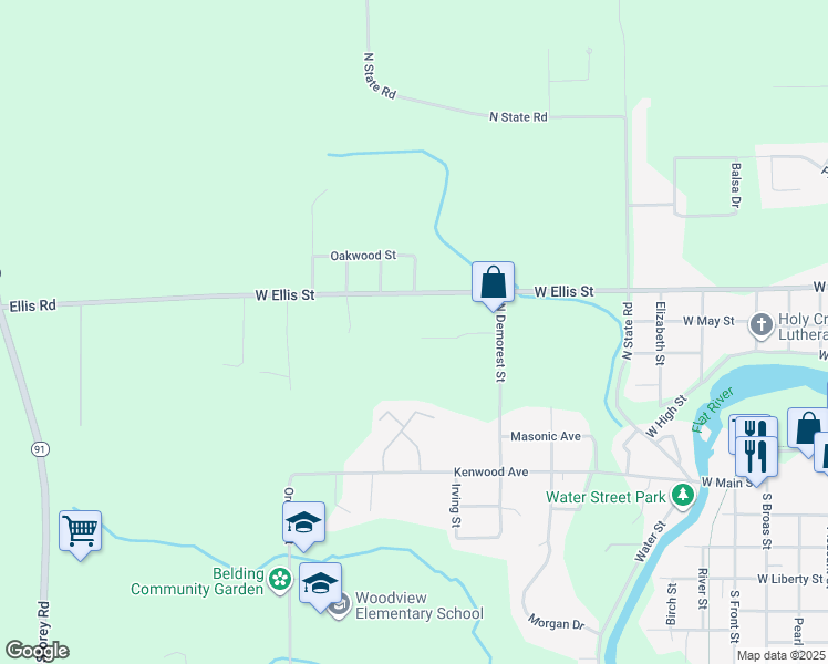 map of restaurants, bars, coffee shops, grocery stores, and more near 1180 Brentwood Street in Belding