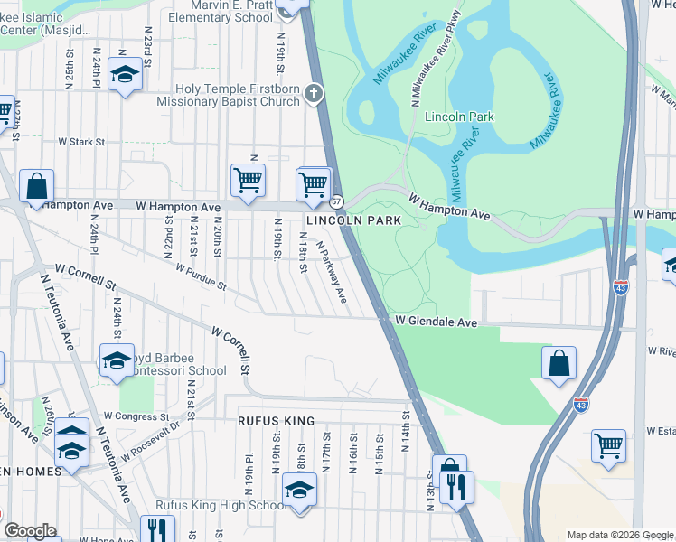 map of restaurants, bars, coffee shops, grocery stores, and more near 1681 West Courtland Avenue in Milwaukee