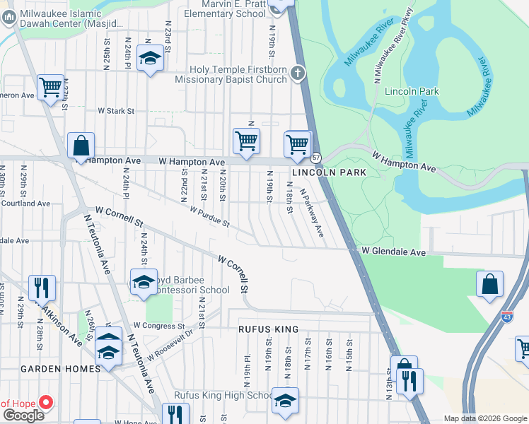 map of restaurants, bars, coffee shops, grocery stores, and more near 4693 North 19th Street in Milwaukee
