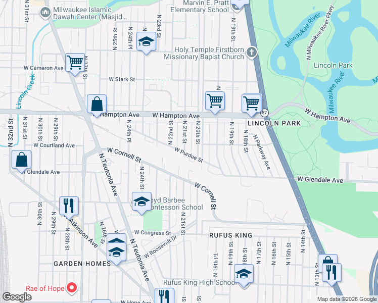 map of restaurants, bars, coffee shops, grocery stores, and more near 4669 North 20th Street in Milwaukee