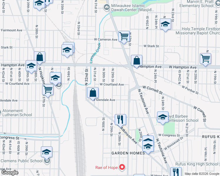 map of restaurants, bars, coffee shops, grocery stores, and more near 4669 North 29th Street in Milwaukee