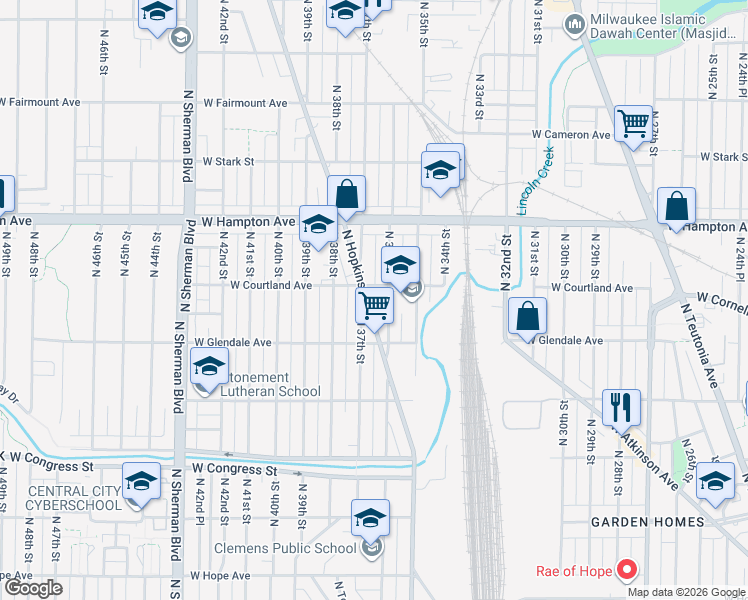 map of restaurants, bars, coffee shops, grocery stores, and more near 4679 North 36th Street in Milwaukee