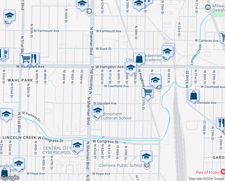map of restaurants, bars, coffee shops, grocery stores, and more near 4677 North 40th Street in Milwaukee