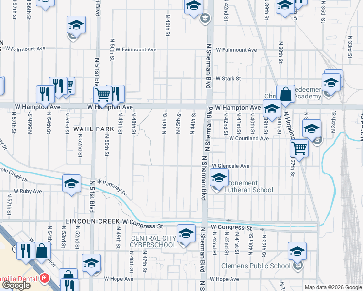 map of restaurants, bars, coffee shops, grocery stores, and more near 4676-4678 North 45th Street in Milwaukee
