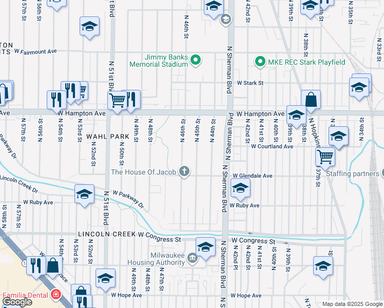 map of restaurants, bars, coffee shops, grocery stores, and more near 4676-4678 North 45th Street in Milwaukee