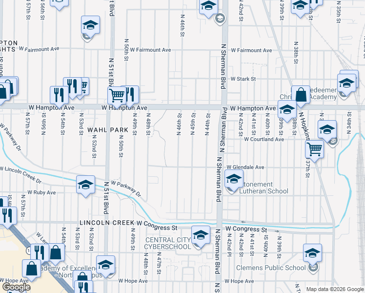 map of restaurants, bars, coffee shops, grocery stores, and more near 4676 North 46th Street in Milwaukee