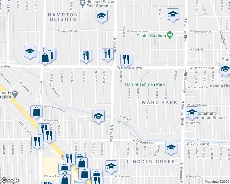 map of restaurants, bars, coffee shops, grocery stores, and more near 4680 North 51st Boulevard in Milwaukee