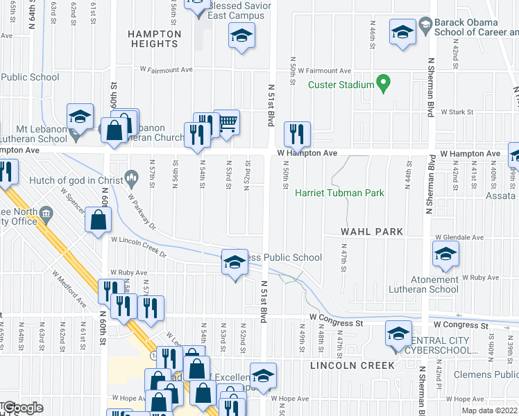 map of restaurants, bars, coffee shops, grocery stores, and more near 4680 North 51st Boulevard in Milwaukee