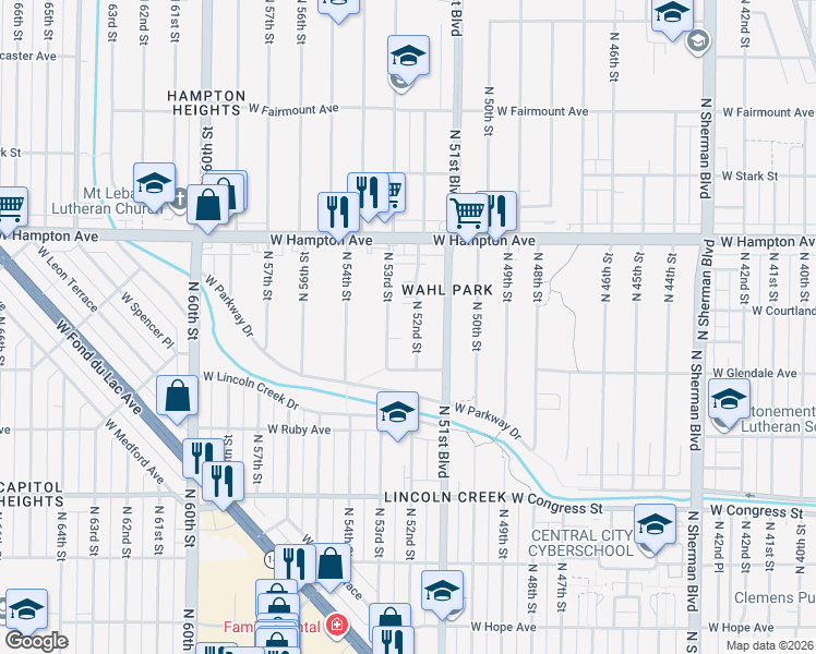 map of restaurants, bars, coffee shops, grocery stores, and more near 4671-4673 North 52nd Street in Milwaukee