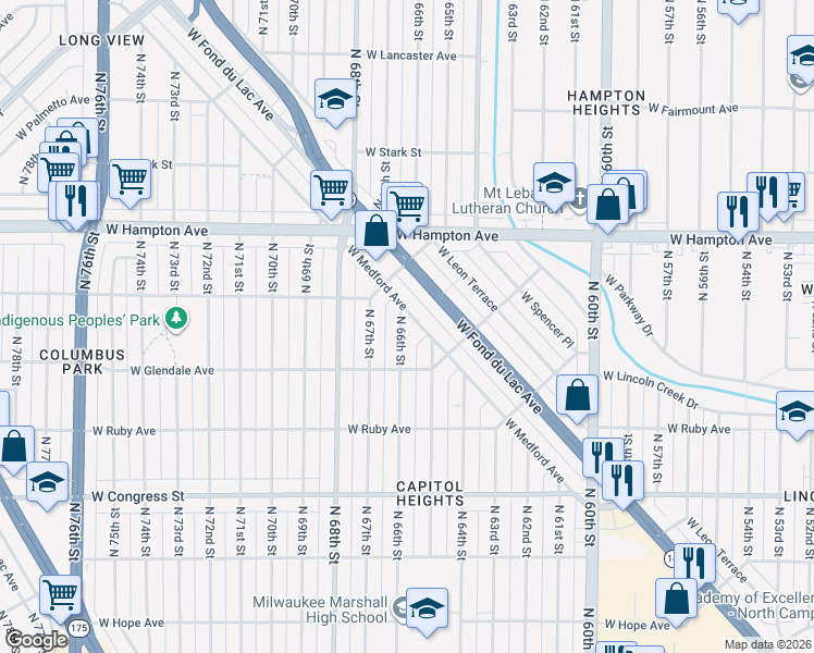 map of restaurants, bars, coffee shops, grocery stores, and more near 4673 North 66th Street in Milwaukee