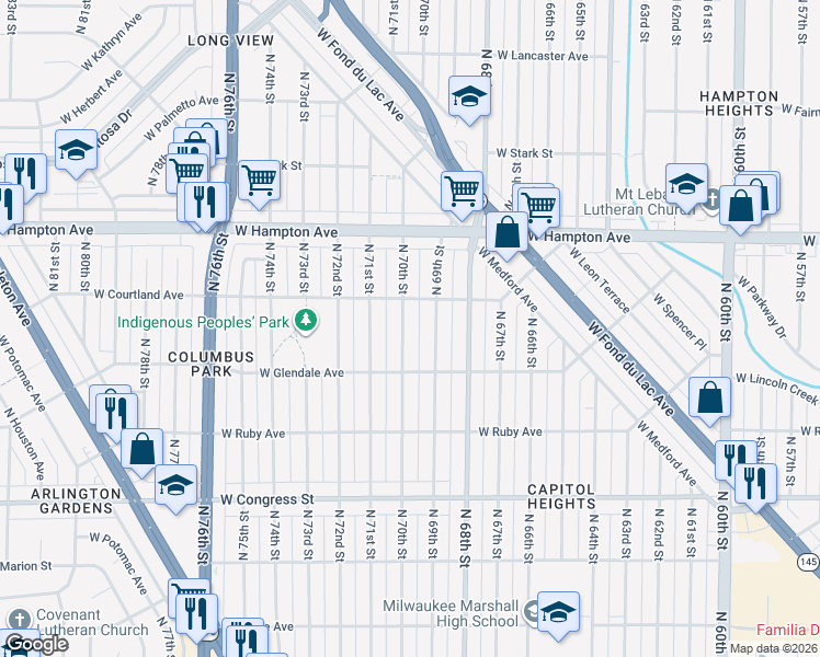 map of restaurants, bars, coffee shops, grocery stores, and more near 4676 North 70th Street in Milwaukee
