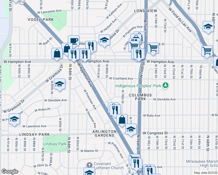 map of restaurants, bars, coffee shops, grocery stores, and more near 4667 North 79th Street in Milwaukee