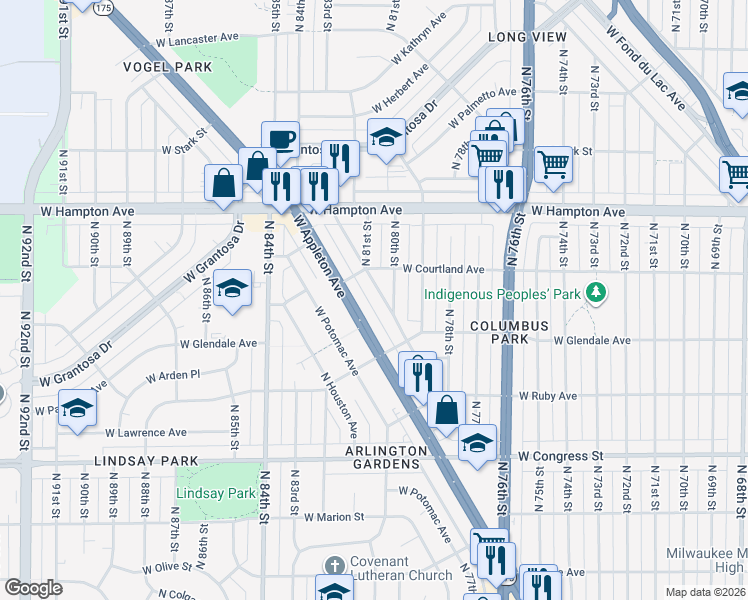 map of restaurants, bars, coffee shops, grocery stores, and more near 8051 West Beckett Avenue in Milwaukee