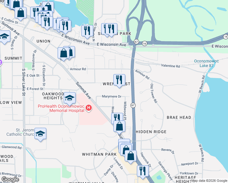 map of restaurants, bars, coffee shops, grocery stores, and more near 859 East High Street in Oconomowoc