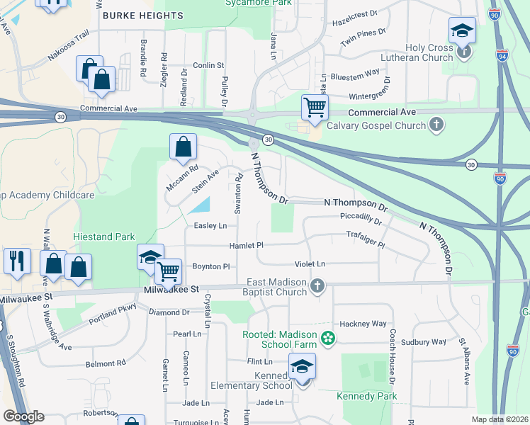 map of restaurants, bars, coffee shops, grocery stores, and more near 217 North Thompson Drive in Madison