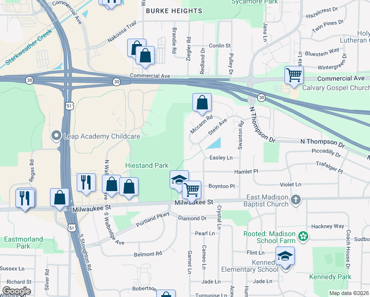 map of restaurants, bars, coffee shops, grocery stores, and more near 4506 Mccann Road in Madison