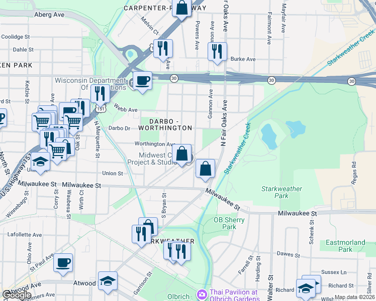 map of restaurants, bars, coffee shops, grocery stores, and more near 3232 Worthington Avenue in Madison