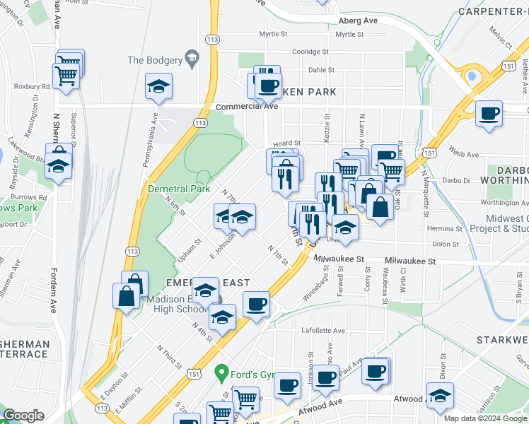 map of restaurants, bars, coffee shops, grocery stores, and more near 2518 East Johnson Street in Madison