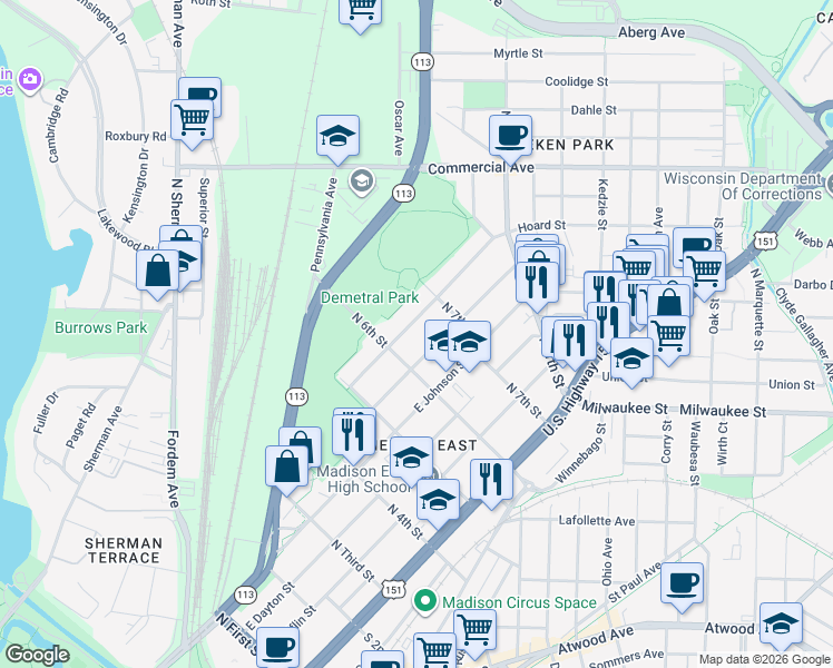 map of restaurants, bars, coffee shops, grocery stores, and more near 2426 Hoard Street in Madison