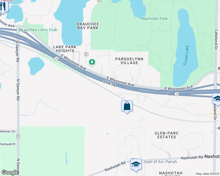 map of restaurants, bars, coffee shops, grocery stores, and more near 220 Watertown Plank Road in Nashotah