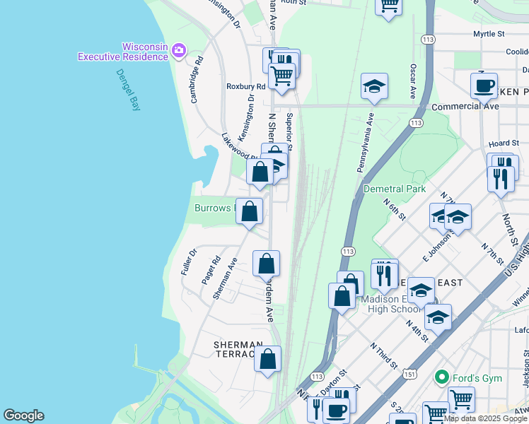 map of restaurants, bars, coffee shops, grocery stores, and more near 2221 Sherman Avenue in Madison