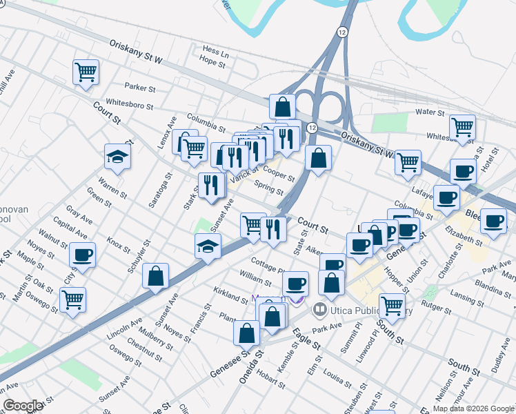 map of restaurants, bars, coffee shops, grocery stores, and more near 716 Court Street in Utica