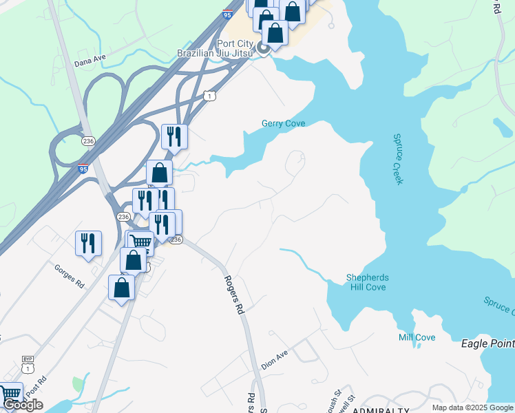 map of restaurants, bars, coffee shops, grocery stores, and more near 176 Rogers Road in Kittery