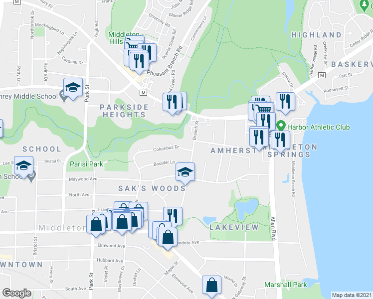 map of restaurants, bars, coffee shops, grocery stores, and more near 6606 Columbus Drive in Middleton