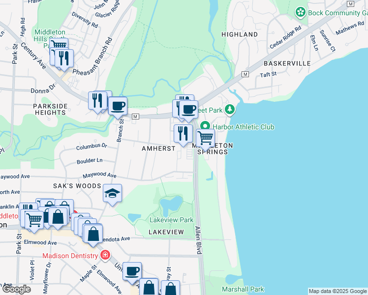map of restaurants, bars, coffee shops, grocery stores, and more near 2526 Allen Boulevard in Middleton