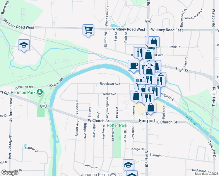 map of restaurants, bars, coffee shops, grocery stores, and more near 7 Cole Street in Fairport