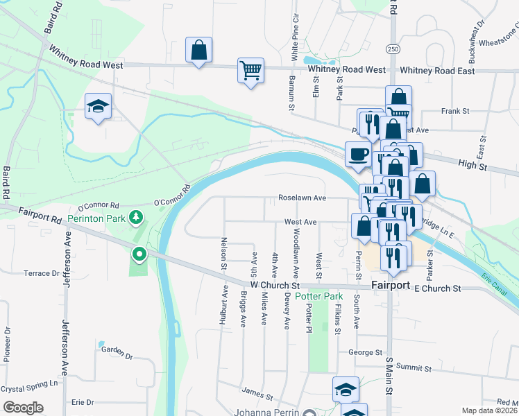 map of restaurants, bars, coffee shops, grocery stores, and more near 8 Prospect Street in Fairport