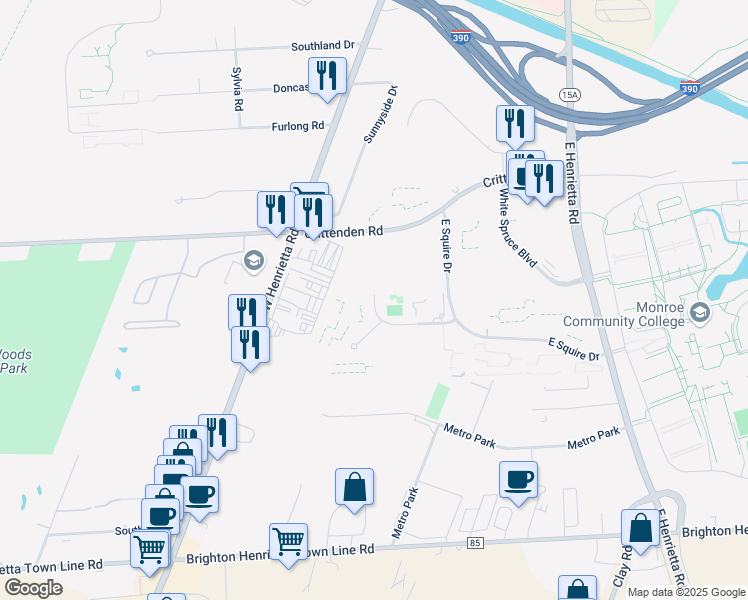 map of restaurants, bars, coffee shops, grocery stores, and more near 357 West Squire Drive in Rochester