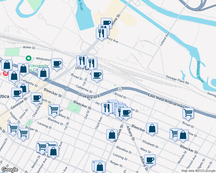 map of restaurants, bars, coffee shops, grocery stores, and more near 512 Main Street in Utica