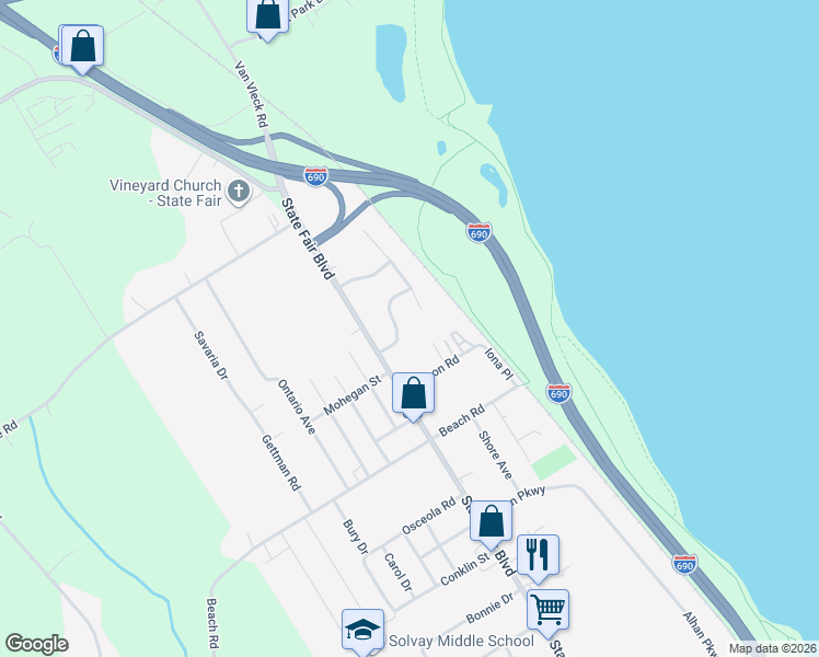 map of restaurants, bars, coffee shops, grocery stores, and more near 1044 State Fair Boulevard in Syracuse