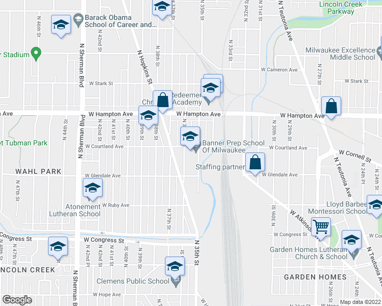 map of restaurants, bars, coffee shops, grocery stores, and more near 3517 West Courtland Avenue in Milwaukee